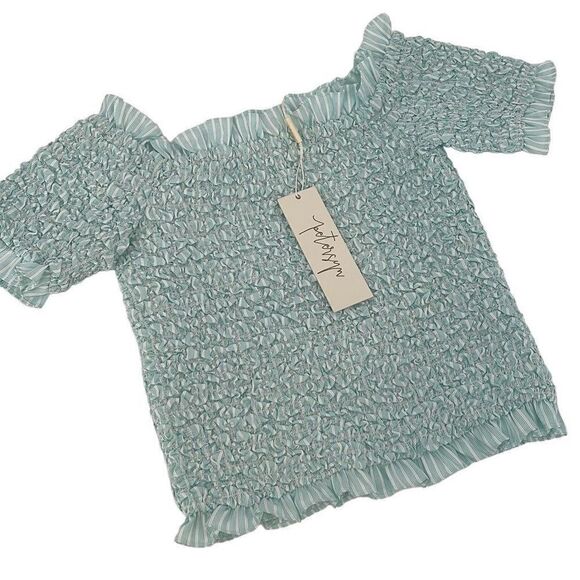 Petersyn Dee Top Aqua Blue Ruched Smocked Off Shoulder Crop Top Small Blouse New - Picture 1 of 6